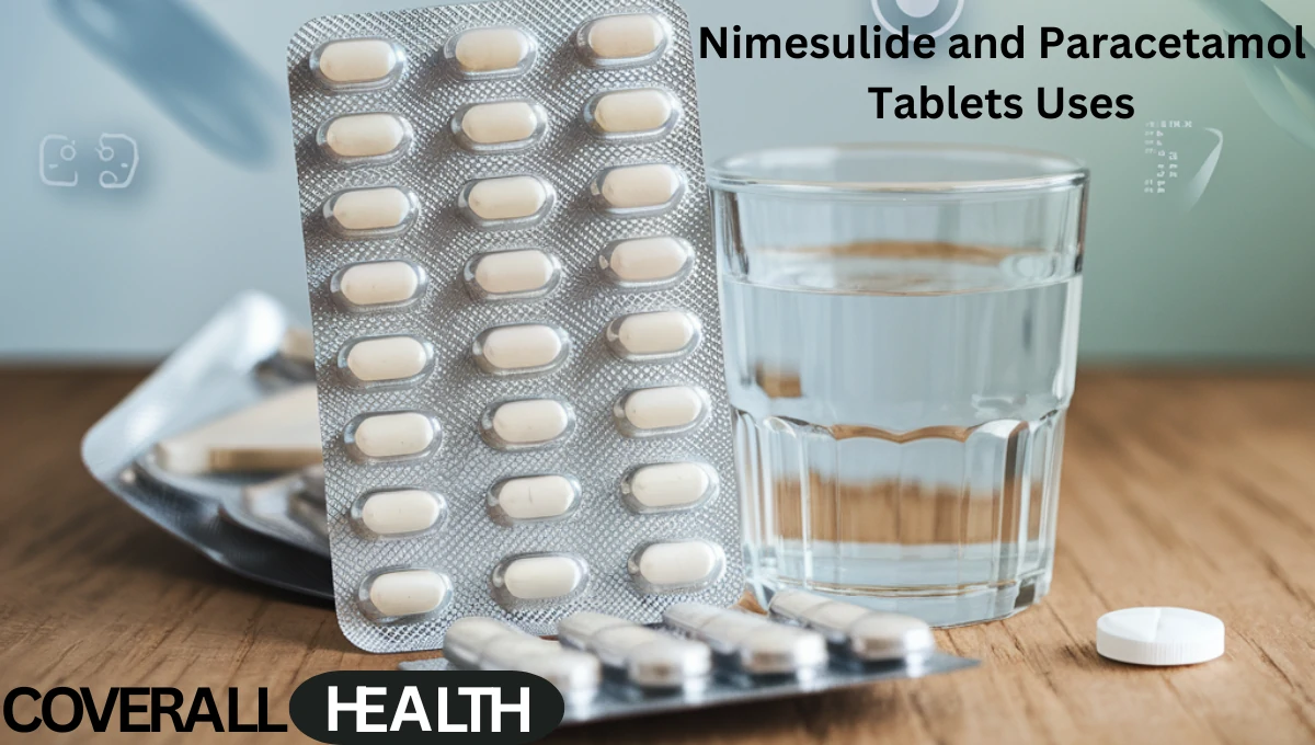 A blister pack of Nimesulide and Paracetamol Tablets placed on a wooden surface, with a glass of water beside it. The background features a soft blue gradient with faint medical icons, and the text 'Nimesulide and Paracetamol Tablets Uses' displayed above in a bold, professional font